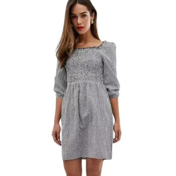 Mango Square Neck Puff Sleeve Smocked Bodice Black White Gingham Mini Dress Sz L - Picture 1 of 7